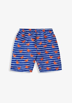 Kék háttérrel rendelkező úszónadrág, narancsrák mintákkal és fehér vízszintes csíkokkal. Rugalmas derékpánt a kényelem érdekében.