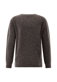 Dunkelbrauner, langärmeliger, flauschiger Wollpullover mit gerippten Bündchen und Saum, von hinten auf einem weißen Hintergrund gezeigt.