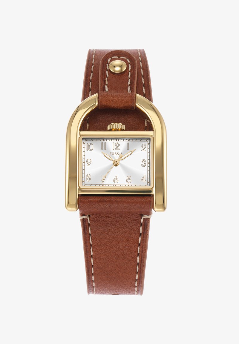 Gold-tone rectangular watch with a white dial, brown leather strap, and white stitching. Features Arabic numerals and a crown.