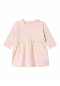 Helles rosa Langarmkleid mit horizontalen Streifen, geraffter Taille und rundem Ausschnitt, aus weichem Stoff gefertigt. Es bietet eine lockere Passform.