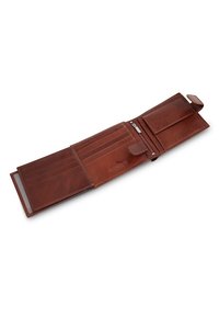 Brązowy skórzany portfel, dwukomorowy design, posiada wiele kieszeni na karty, przegrodę na zamek błyskawiczny oraz gładką teksturę z minimalnymi elementami metalowymi.