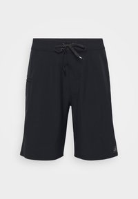 Schwarze Badeshorts mit elastischem Bund, Kordelzug, Seitentasche und glattem Stoff. Mit Logoakzent nahe dem Saum.