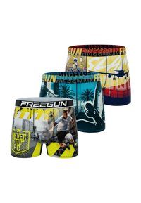 Un lot de boxers comprenant un mélange de couleurs vives et de motifs graphiques, incluant des thèmes sportifs, des palmiers et des designs de texte audacieux.