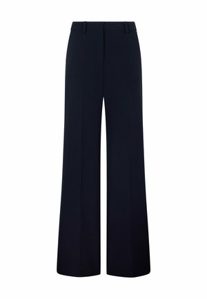 Črne široke hlače z visokim pasom, z zankami za pas, sprednjim šivom, prikazane na belem ozadju.