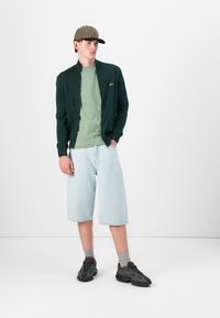 Zaļš pārvilcējs, gaiši zaļa T-kreklu, gaiši zili džinsu šorti un melni sporta apavi ar pelēkām zeķēm, kopā ar raibām cepurēm.