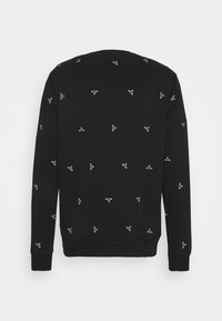Sweat-shirt noir à manches longues avec de petites icônes blanches de cintres dispersées imprimées sur le dos et les manches.