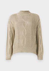 Beige kötött pulóver állógallérral, kábelmintával és bordázott mandzsettával. Puha tapintású, laza fazonú, enyhén rövidített szegéllyel.
