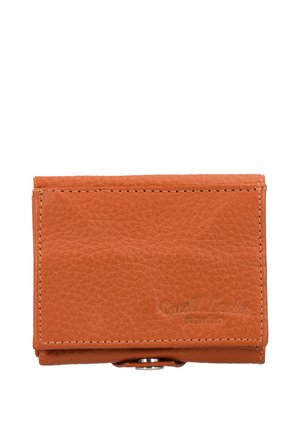 Kompaktní hnědá kožená peněženka s viditelným šitím a vypouklým názvem značky "Curtit Leder Studio" na přední klopě.