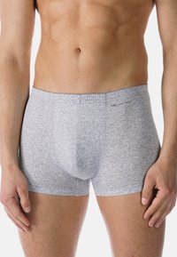 Grå bomullsboxershorts med en åtsittande passform, som har en mjuk midja och en minimalistisk design. Texturen är slät, enhetlig och något stretchig.