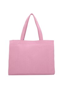 Borsa tote in tessuto rosa con due manici standard, forma rettangolare, texture semplice e chiusura con zip nella parte superiore. Design semplice, senza motivi.