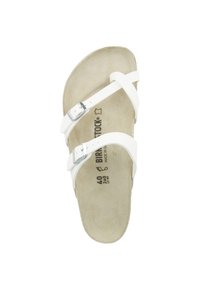 Białe sandały Birkenstock z dwiema regulowanymi paskami i metalowymi klamrami. Korkowa wkładka z miękką, teksturowaną beżową powierzchnią. Rozmiar 40.