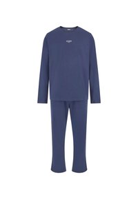 Navy blue long-sleeve top and matching pants. Made of soft fabric, featuring a crew neckline and subtle brand logo on the chest.