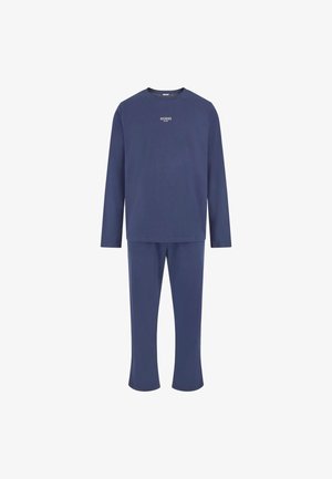Navy blue long-sleeve top and matching pants. Made of soft fabric, featuring a crew neckline and subtle brand logo on the chest.