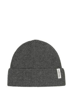 Gray knit beanie with a ribbed texture, rounded top, and folded cuff. Features a small tag on the side with brand name.