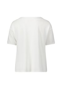 Kurzes weißes T-Shirt mit rundem Ausschnitt, kurzen Ärmeln und lockerer Passform. Glatte Textur, keine sichtbaren Muster oder Verzierungen.