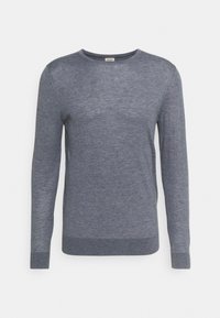 Gray long-sleeve sweater made from a lightweight knit fabric. Features a crew neckline and ribbed cuffs and hem. Smooth texture and simple design.