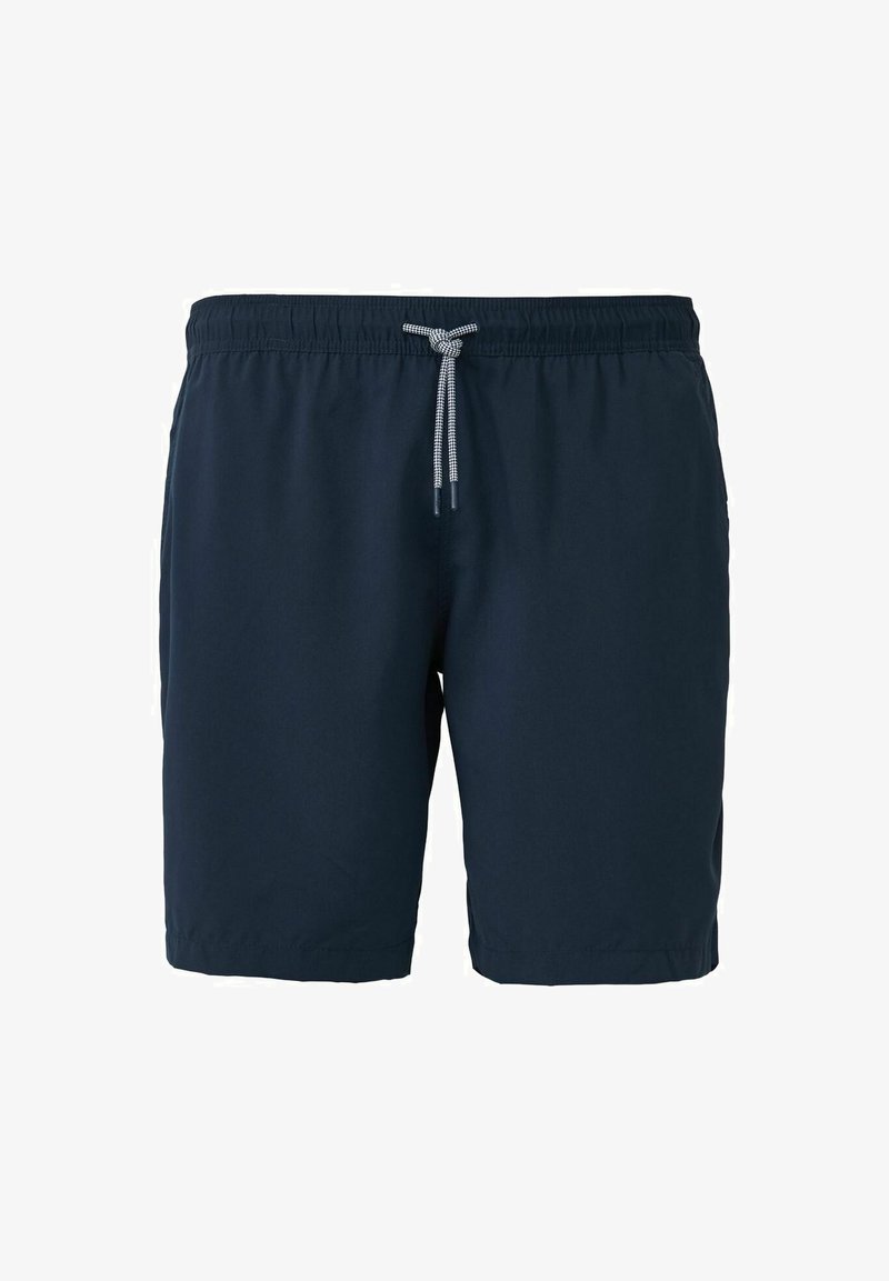 Dunkelblaue Badeshorts mit elastischem Bund und Kordelzug, aus leichtem Stoff gefertigt, mit seitlichen Taschen und glatter Textur.