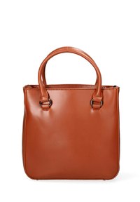 Borsa a mano in pelle marrone con doppi manici superiori, chiusura a zip, forma quadrata, superficie liscia, dettagli in metallo sui manici, design minimalista.