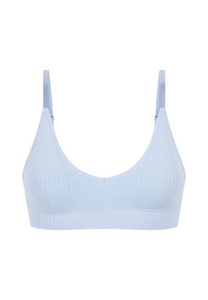 Lys blå ribbet bralette med justerbare tynne stropper og V-hals-design. Mykt stoff med en glatt tekstur og ingen synlig maskinvare.