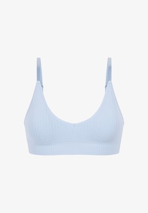 Himmelblaues, geripptes Bustier mit verstellbaren dünnen Trägern und V-Ausschnitt-Design. Weicher Stoff mit glatter Textur und ohne sichtbare Hardware.