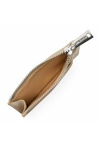 Portafoglio beige con zip argentata. Interno con rivestimento in tessuto liscio. Compatto, dalla forma rettangolare e design minimalista.