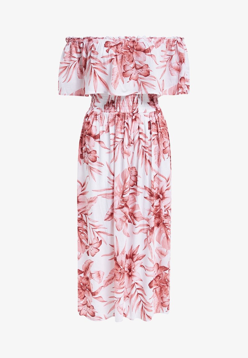 Robe blanche à épaules dénudées avec imprimé floral tropical rouge, taille élastiquée et encolure à volants, longueur midi.