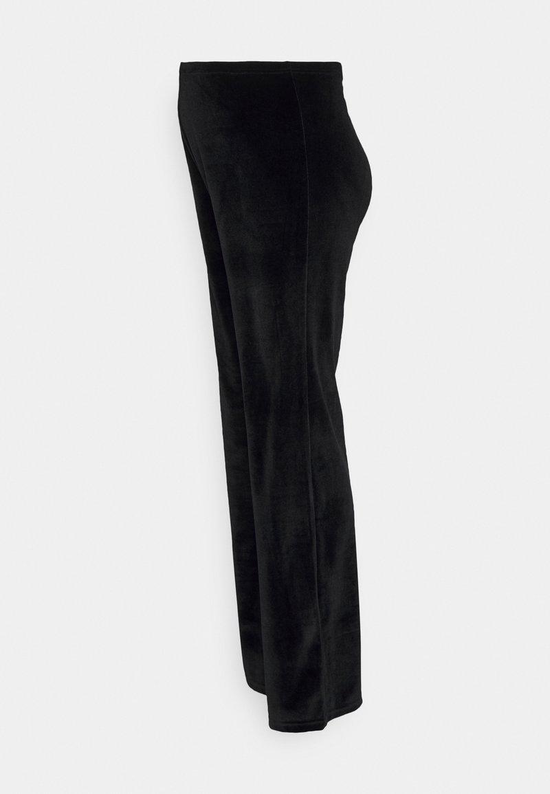 Pantalon en velours noir taille haute avec une coupe droite, présenté sur un fond gris clair uni.
