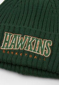 Caciula tricotată verde, cu un model texturat ribatat, brodat "HAWKINS" în verde închis și portocaliu, cu "BASKETBALL" dedesubt, în portocaliu.