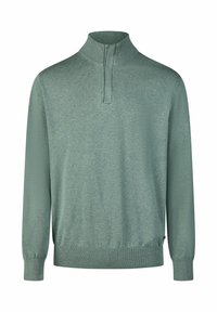 Herrenpullover in gedämpftem Grün, mit hohem Kragen und Viertelreißverschluss, langen Ärmeln sowie gerippten Bündchen an Ärmeln und Saum. Weiche Stricktextur.