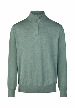 Herrenpullover in gedämpftem Grün, mit hohem Kragen und Viertelreißverschluss, langen Ärmeln sowie gerippten Bündchen an Ärmeln und Saum. Weiche Stricktextur.