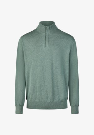 Herrenpullover in gedämpftem Grün, mit hohem Kragen und Viertelreißverschluss, langen Ärmeln sowie gerippten Bündchen an Ärmeln und Saum. Weiche Stricktextur.