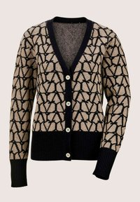 Strickjacke mit geometrischem Muster in Schwarz und Beige, V-Ausschnitt, fünf Knöpfen sowie gerippten Bündchen und Saum.