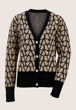 Gebreide cardigan met een geometrisch patroon in zwart en beige, voorzien van een V-hals, vijf knopen en ribgebreide manchetten en zoom.