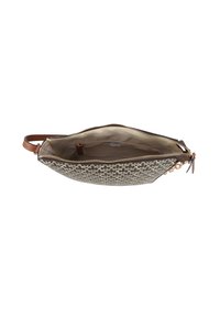 Struktureret sort og beige mønstret clutch-taske med lynlås, lys læderstrop og beige stofforing. Indeholder en indvendig lomme.
