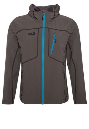 Szara kurtka Jack Wolfskin z niebieskimi akcentami na zamkach błyskawicznych, kieszeniami na piersi i z boku na zamek oraz kapturem ze ściągaczami.