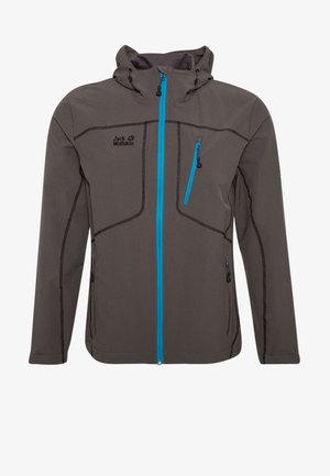 Grijze Jack Wolfskin jas met blauwe ritssluiting accenten, borst- en zijzakken met rits en een capuchon met verstelbare trekkoorden.