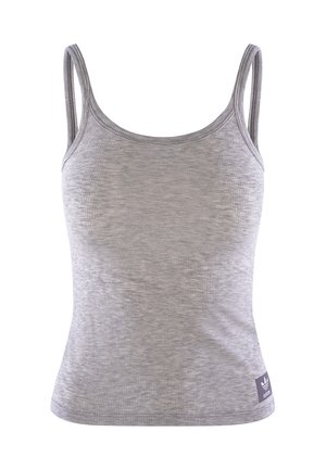 Ljusgrå ribbad linne med dubbla axelband och en liten Adidas-logotyp på nedre vänstra sidan.