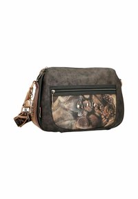 Mehrfarbige synthetische Schultertasche mit strukturierter Oberfläche, seitlicher Reißverschlusstasche und dekorativen Metallelementen. Verfügt über einen verstellbaren Riemen.