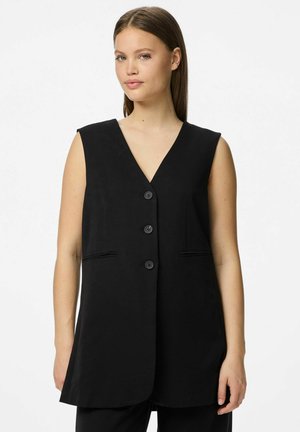 Gilet noir sans manches avec un décolleté en V plongeant, fermeture à cinq boutons et deux poches avant, présentant une texture de tissu lisse et une coupe ajustée.
