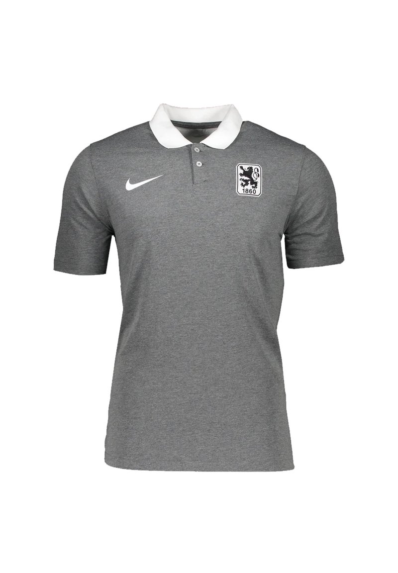 Polo gris en mélange de coton avec un col blanc, présentant un logo sur la poitrine gauche et un petit swoosh Nike sur le côté droit.