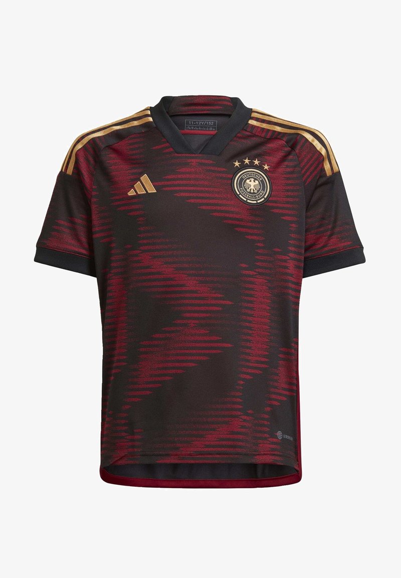 Saksan jalkapallopaita, punamusta sahalaitakuosi, lyhyet hihnat, V-pääntie, kultaiset Adidas-raidat ja neljän tähden logo.