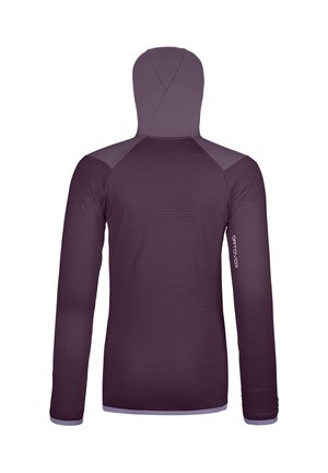 Hooded long-sleeve top in dark purple with textured paneling and reflective logo on the sleeve. Features a fitted design and flat seams.