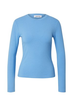 Blauw geribbeld langemouwen shirt met een ronde halslijn en slim fit. De stof heeft een gladde textuur met even verticale lijnen. Merktag zichtbaar.