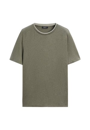 Schlichtes olivgrünes T-Shirt mit kurzen Ärmeln und Rundhalsausschnitt mit einem etwas helleren Saum am Halsausschnitt.