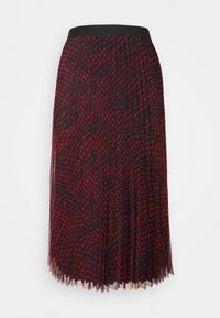 Plisseret midi-skjorte i rød og sort med høj elastisk talje. Lavet af let materiale med et geometrisk mønster og lagdelt struktur.