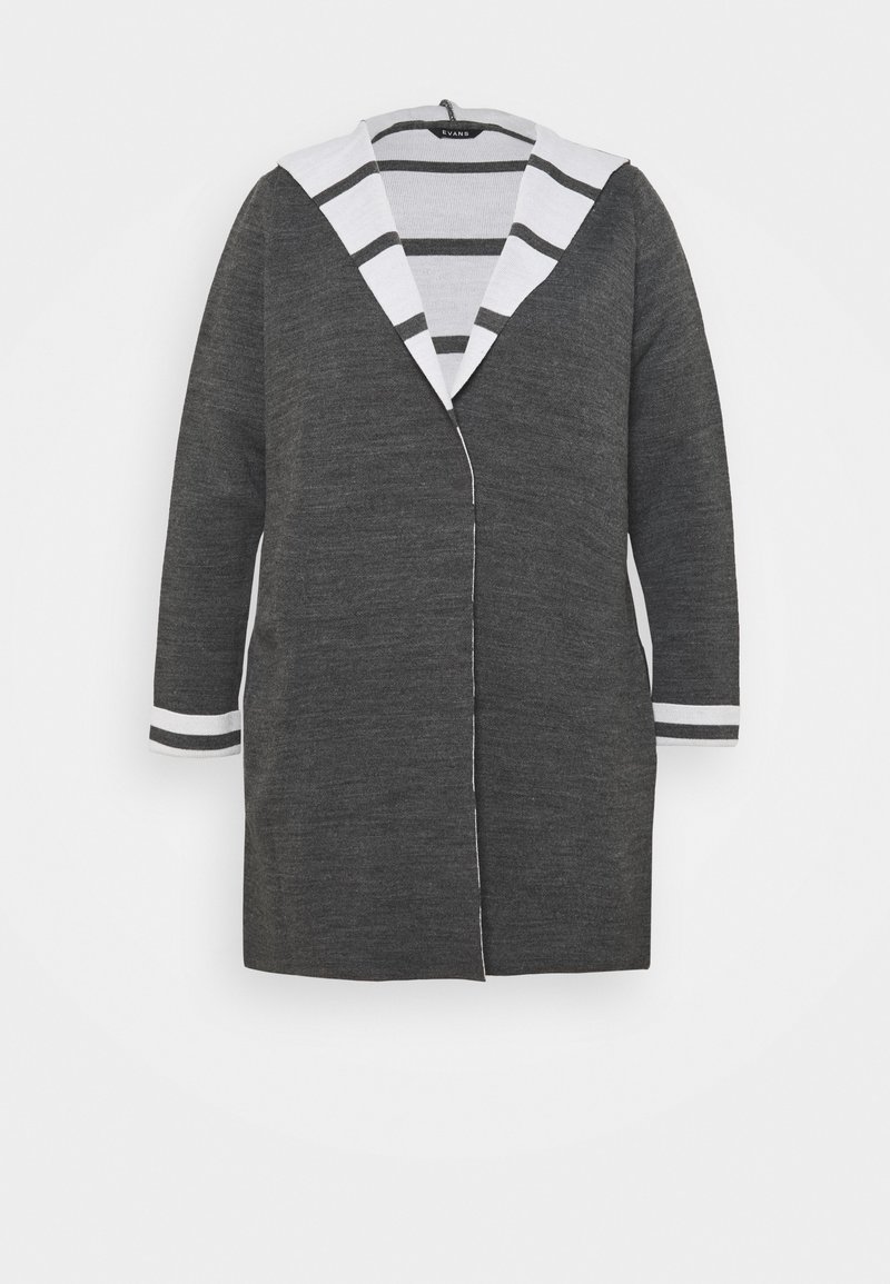 Dunkelgrauer Strickcardigan mit V-Ausschnitt, weiß gestreifter Kapuze und gestreiften Bündchen. Verfügt über einen Frontverschluss und eine lockere Passform mit langen Ärmeln.