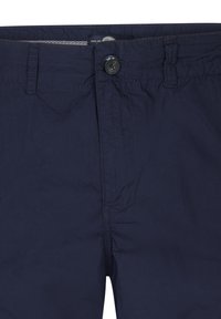 Navy blue cotton shorts featuring a button and zipper closure, front pockets, and a textured fabric with subtle creases.
