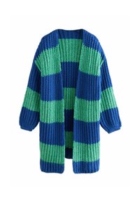 Gebreid open vest met blauwe en groene horizontale strepen, een grove textuur, oversized mouwen en een losse pasvorm.