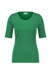Grøn ribbet kortærmet t-shirt med rund halsudskæring. Har et struktureret stof og en tætsiddende silhuet.