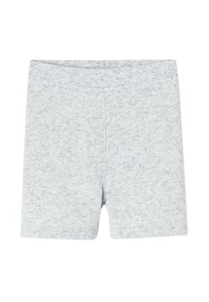 Shorts gris en tissu doux et texturé avec une taille lisse. Présente un design simple et uni sans motifs ni embellissements.